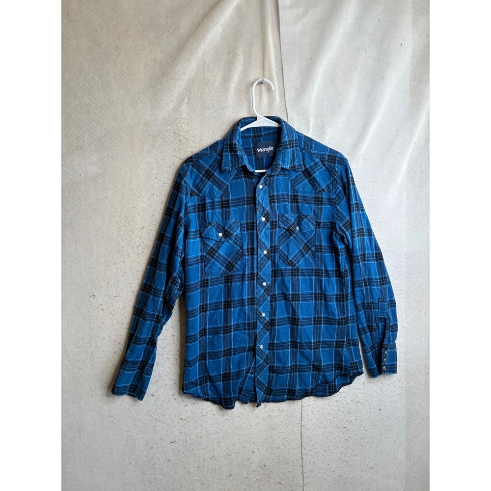 Wrangler Mens Blue Black Plaid Flannel Western Snap Shirt 75098AA Long Sleeve